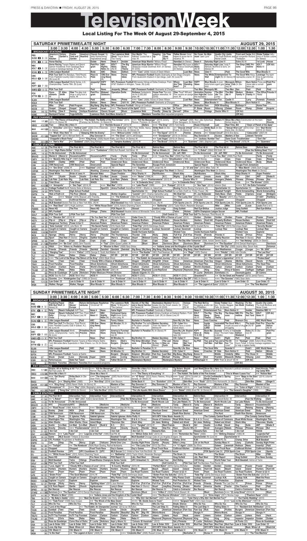 Televisionweek Local Listing for the Week of August 29-September 4, 2015