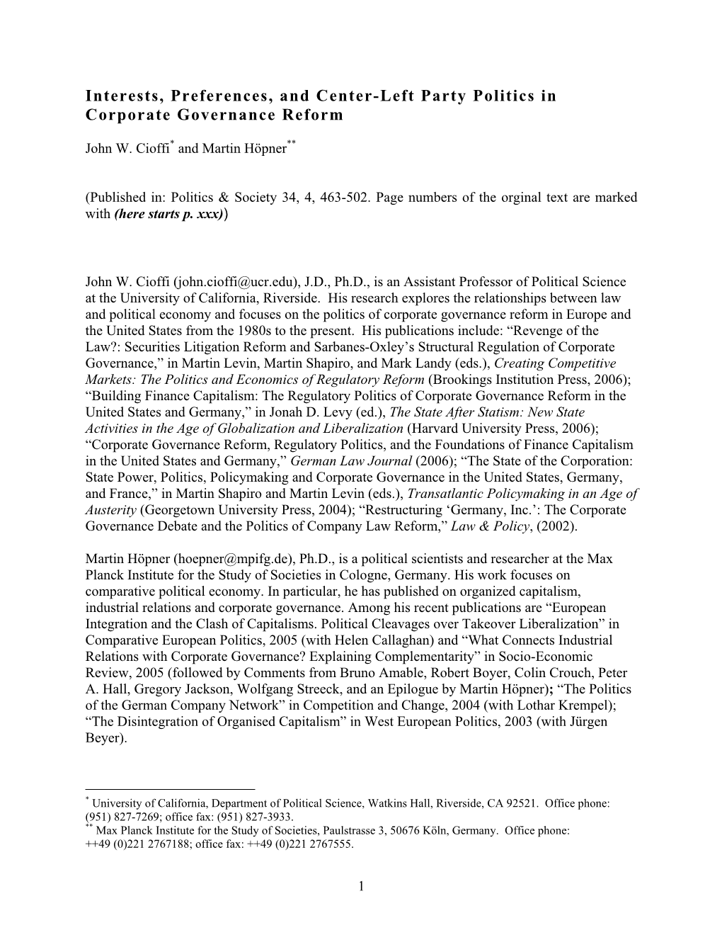 Interests, Preferences, and Center-Left Party Politics in Corporate Governance Reform