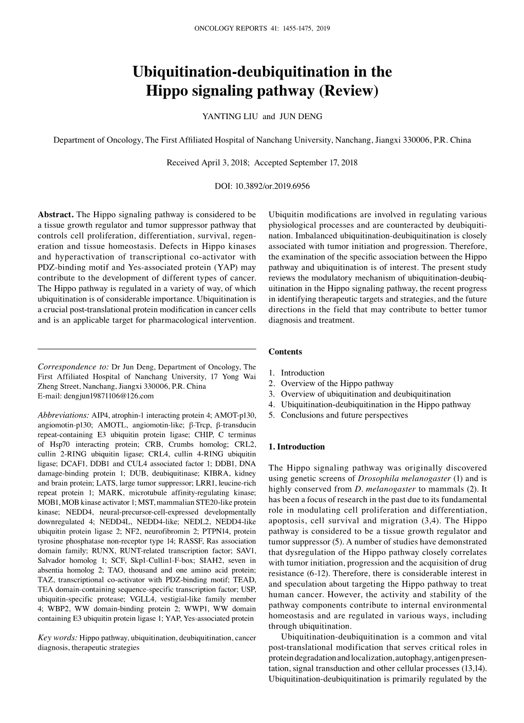 Ubiquitination‑Deubiquitination in the Hippo Signaling Pathway (Review)