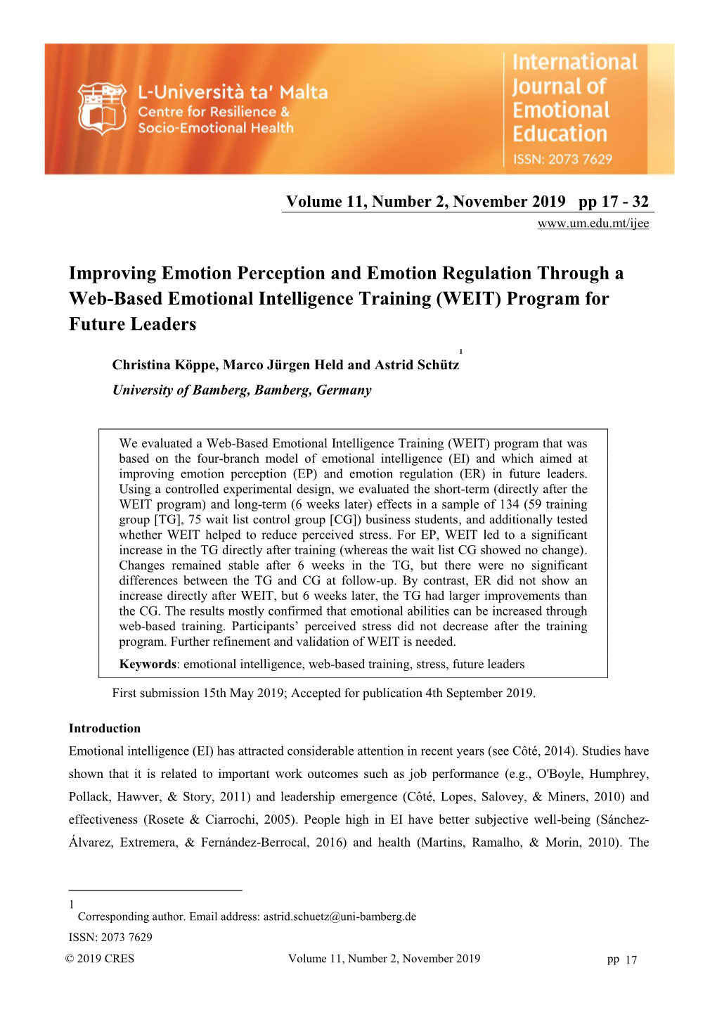 Improving Emotion Perception and Emotion Regulation Through a Web-Based Emotional Intelligence Training (WEIT) Program for Future Leaders