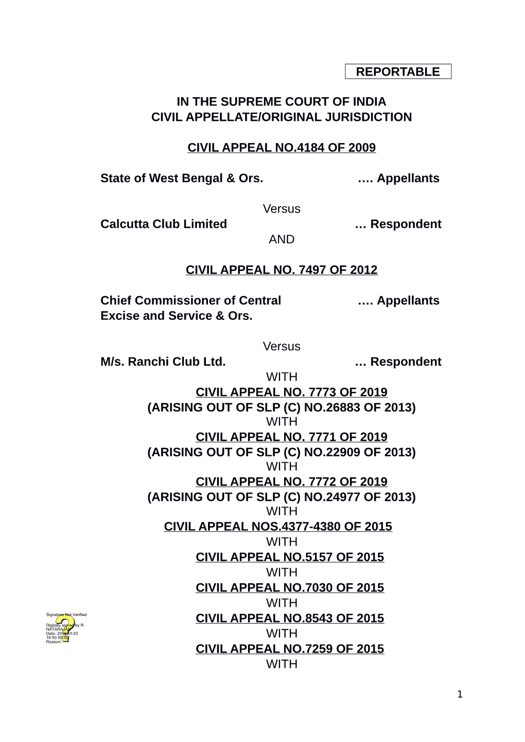 Case No. 1 State of West Bengal & Ors Vs Calcutta Club Limited