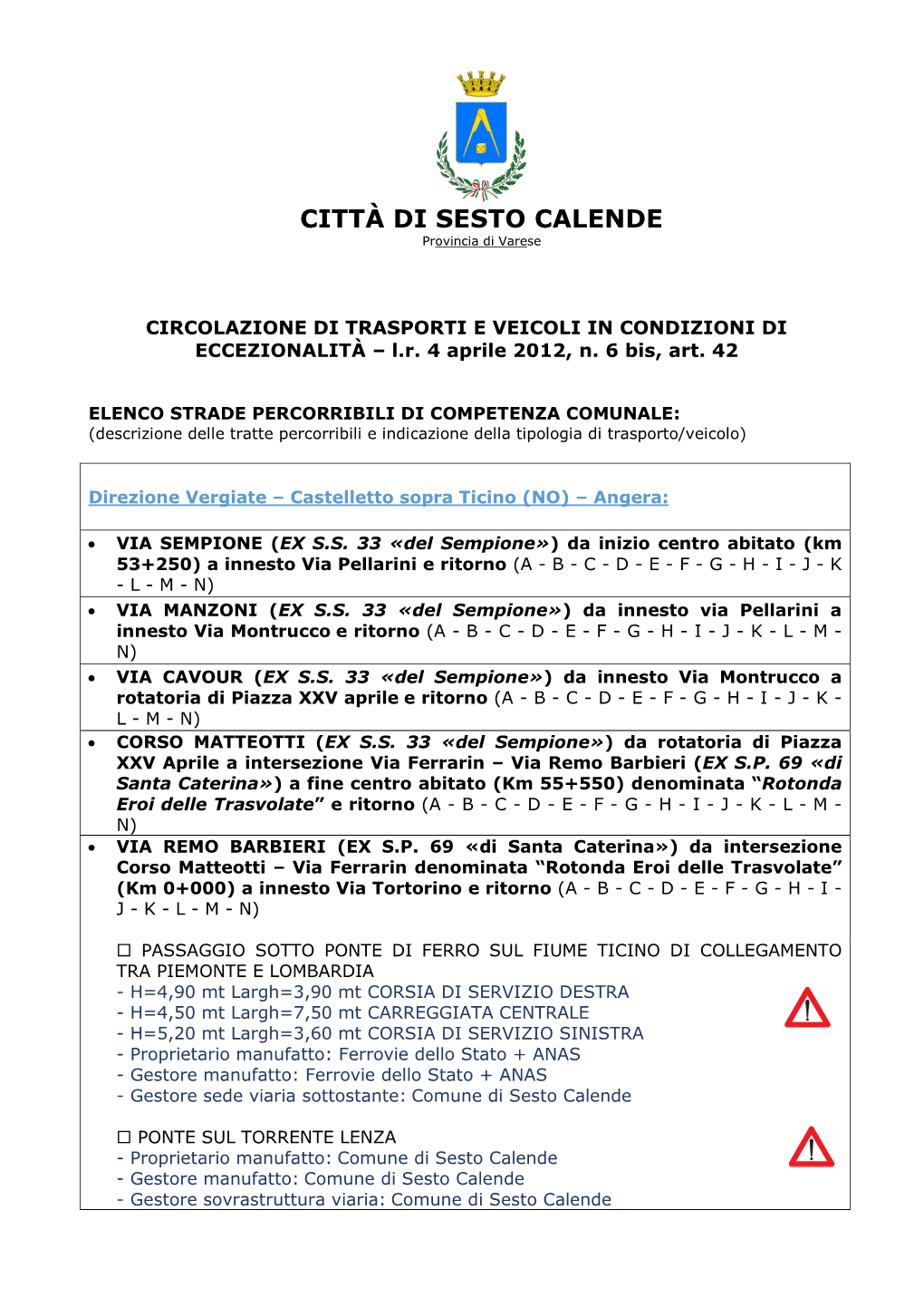 CITTÀ DI SESTO CALENDE Provincia Di Varese