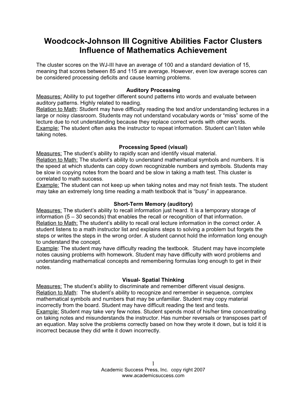 Woodcock-Johnson III Cognitive Abilities Factor Clusters Influence Of Mathematics Achievement