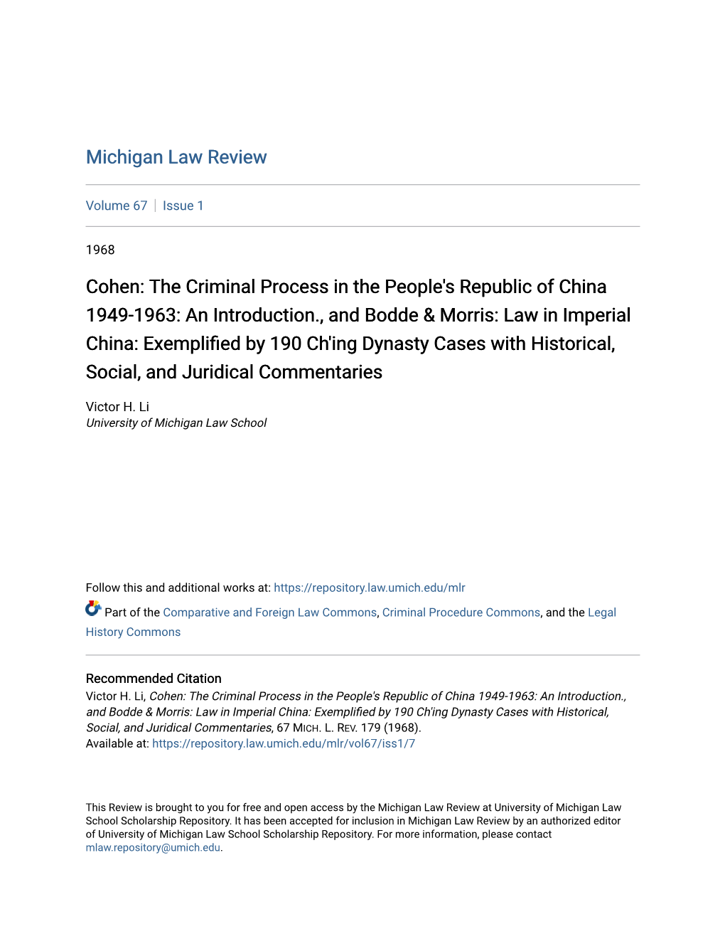 The Criminal Process in the People's Republic of China 1949-1963