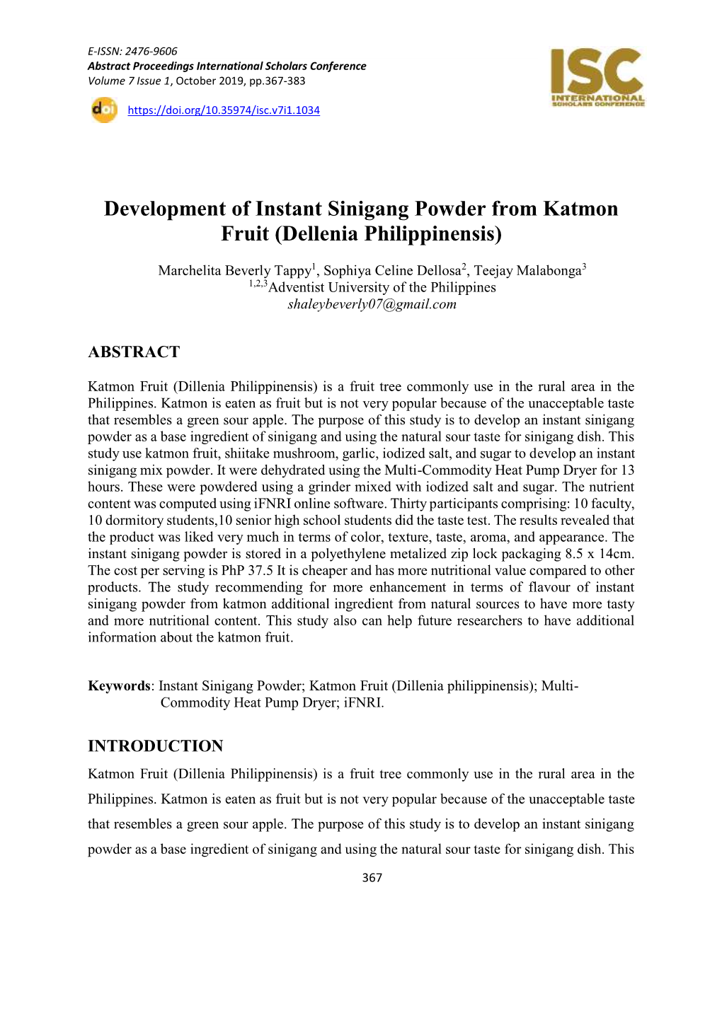 Development of Instant Sinigang Powder from Katmon Fruit (Dellenia Philippinensis)