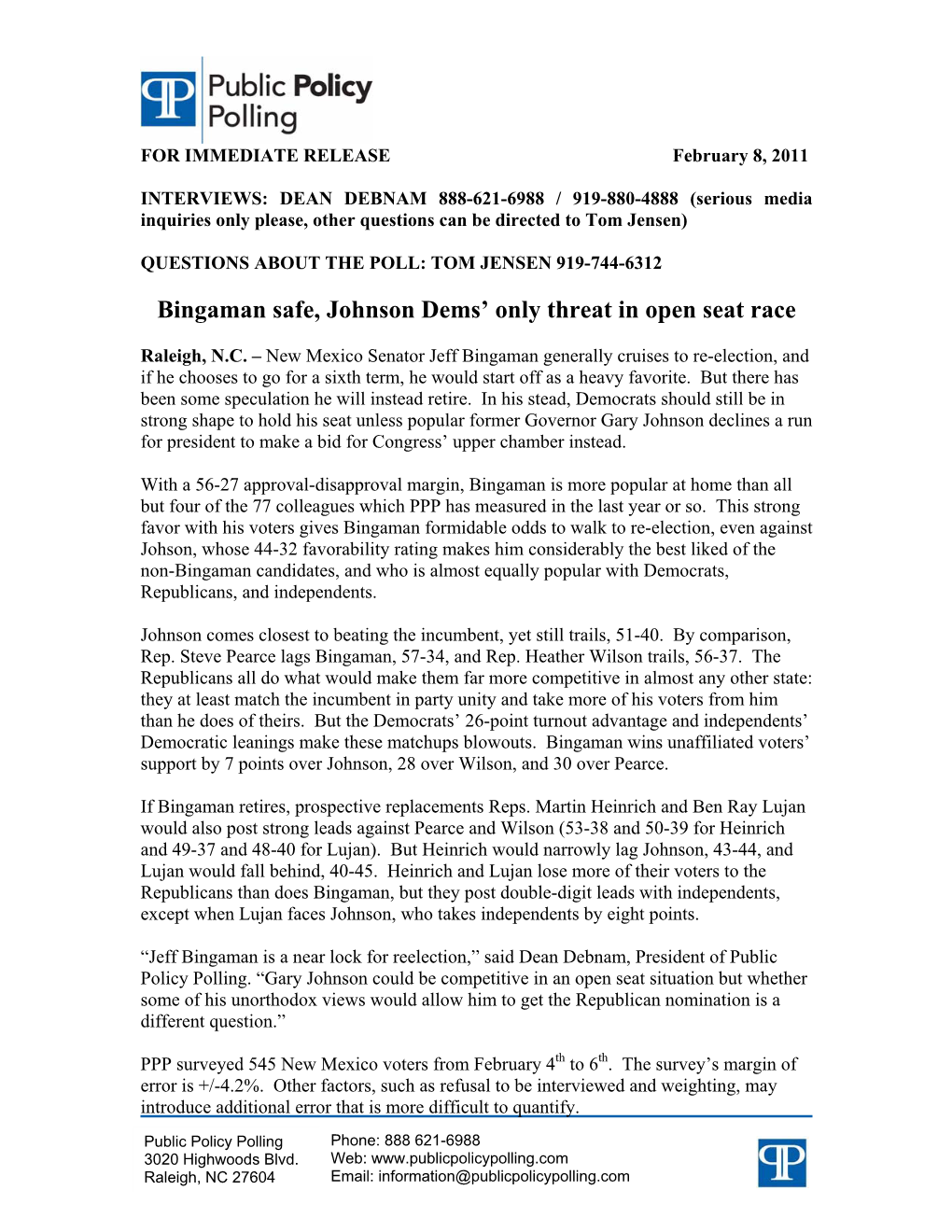 Bingaman Safe, Johnson Dems' Only Threat in Open Seat Race