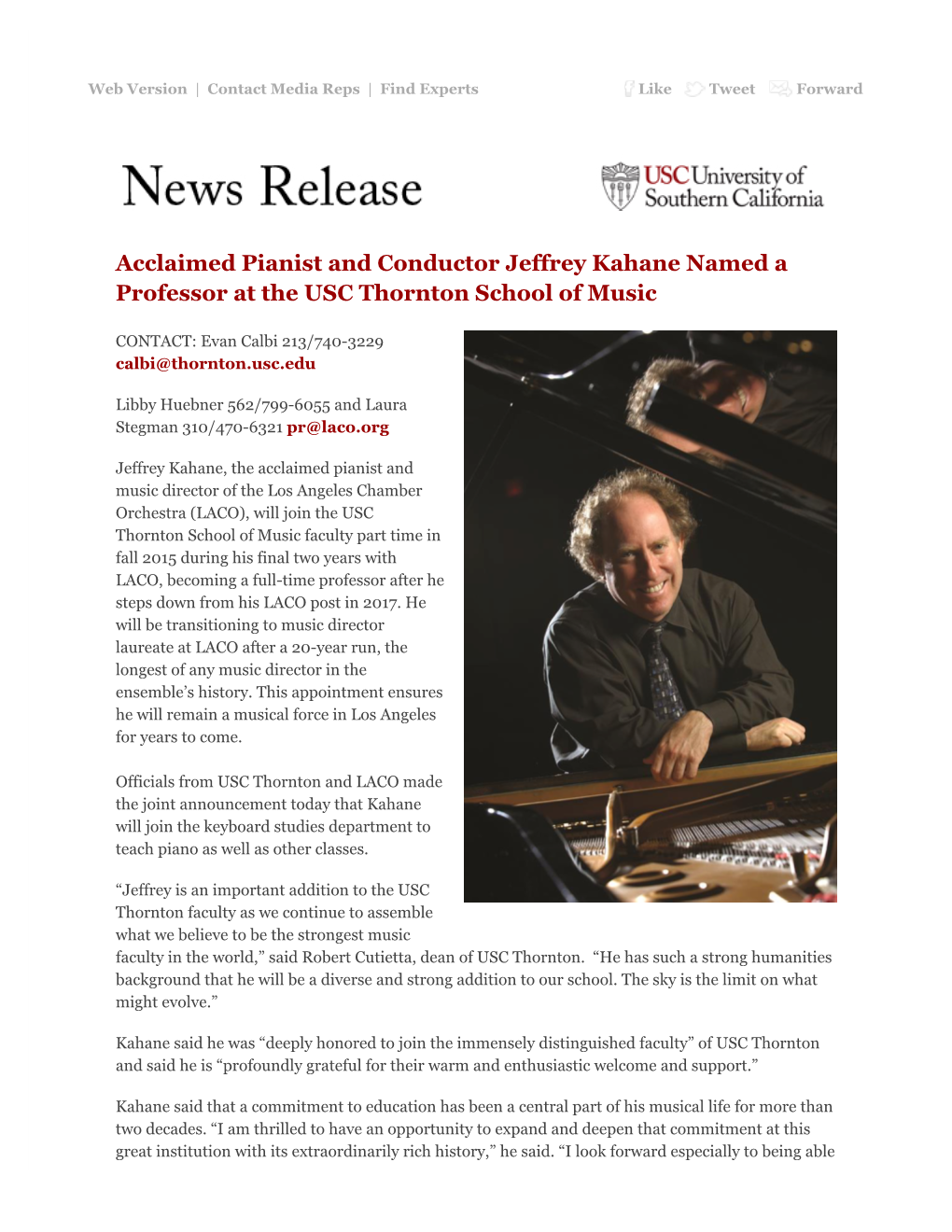 Acclaimed Pianist and Conductor Jeffrey Kahane Named a Professor at the USC Thornton School of Music
