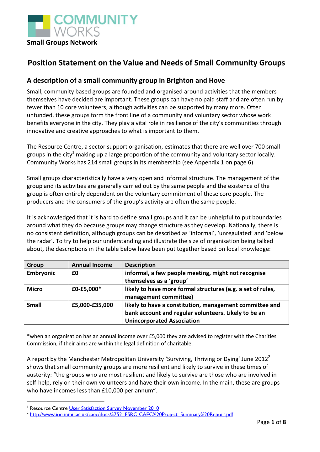 Position Statement on the Value and Needs of Small Community Groups