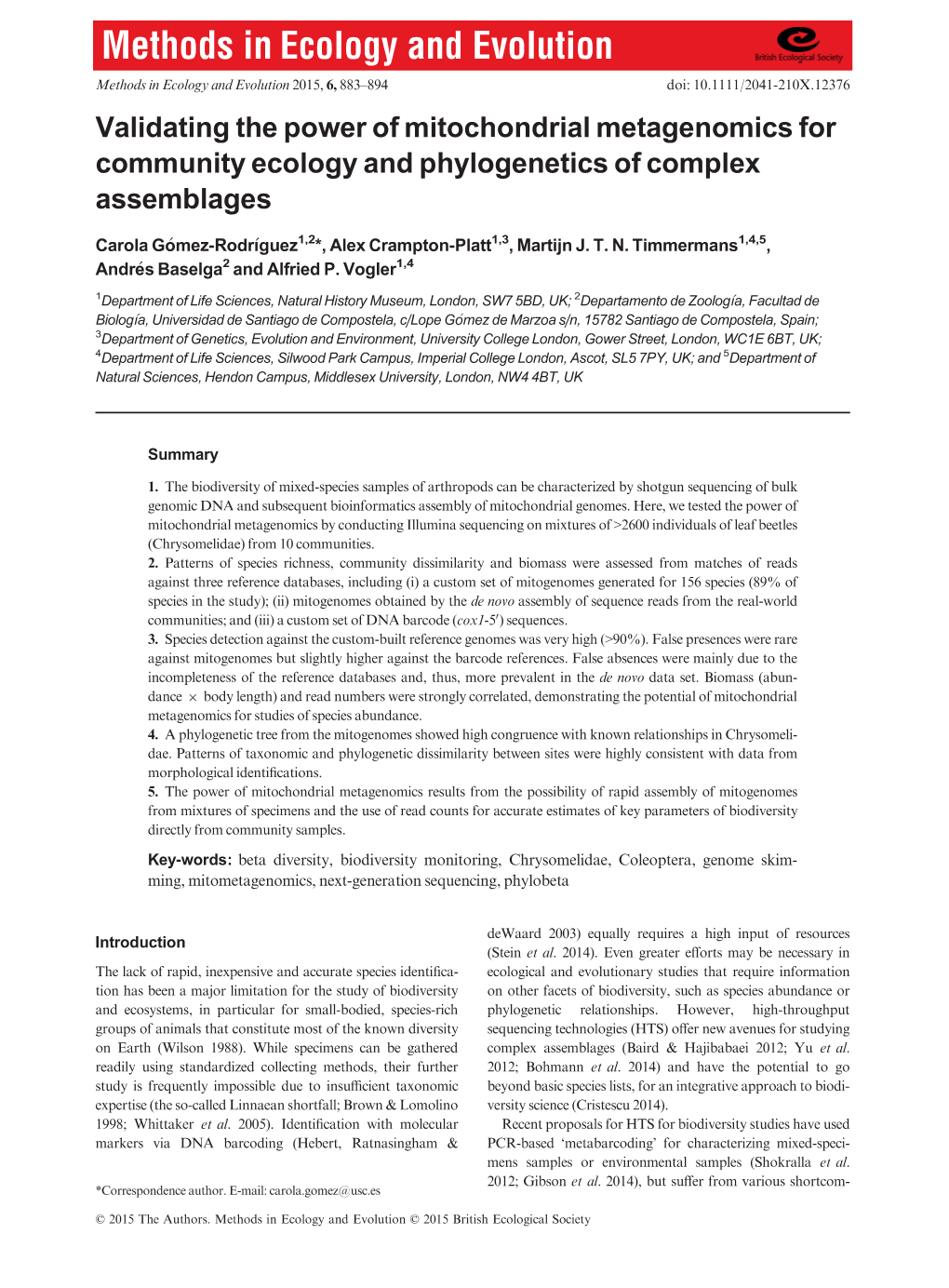 Validating the Power of Mitochondrial Metagenomics for Community Ecology and Phylogenetics of Complex Assemblages