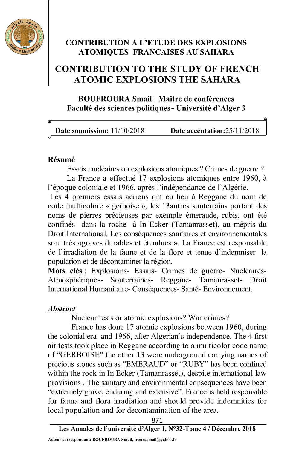 Contribution to the Study of French Atomic Explosions the Sahara