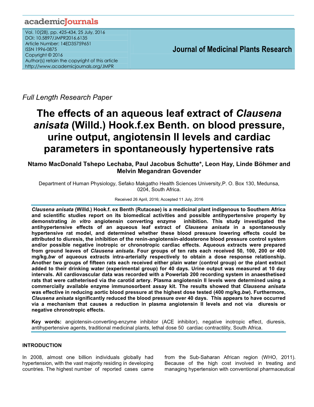 The Effects of an Aqueous Leaf Extract of Clausena Anisata (Willd.) Hook.F.Ex Benth