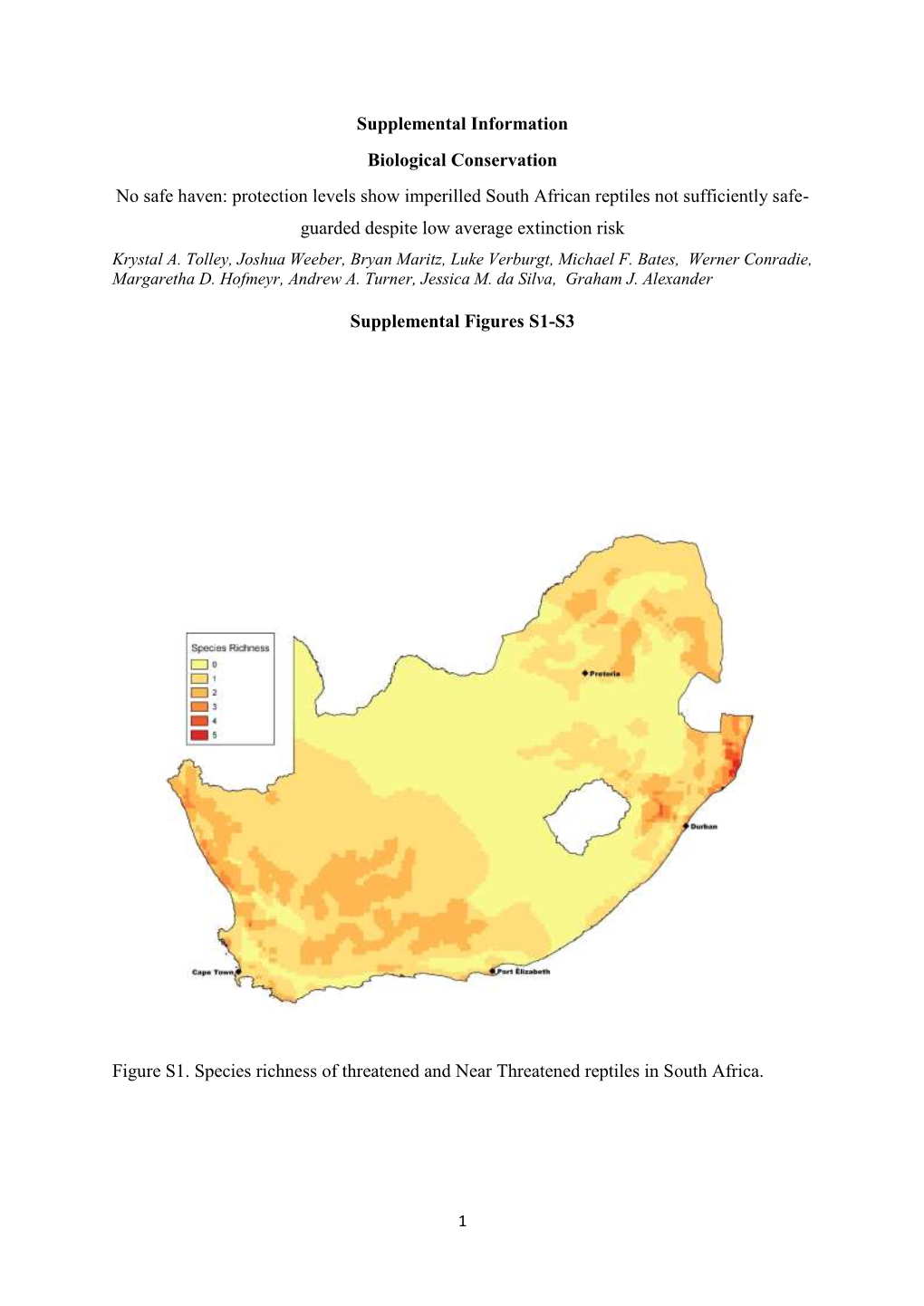 Supplemental Information Biological Conservation No Safe Haven: Protection Levels Show Imperilled South African Reptiles Not