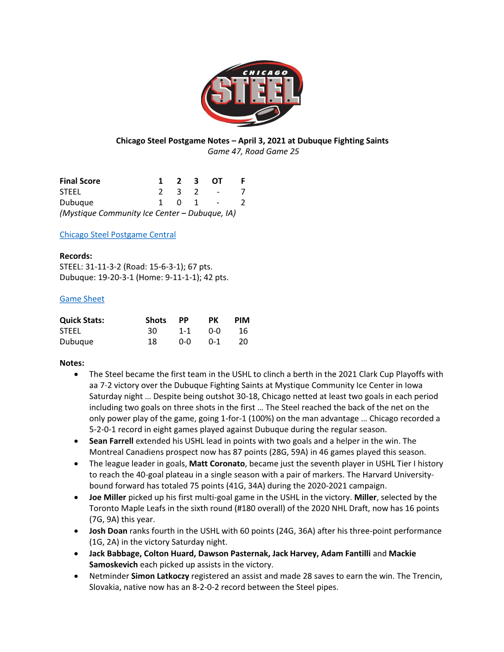 Postgame Notes – April 3, 2021 at Dubuque Fighting Saints Game 47, Road Game 25