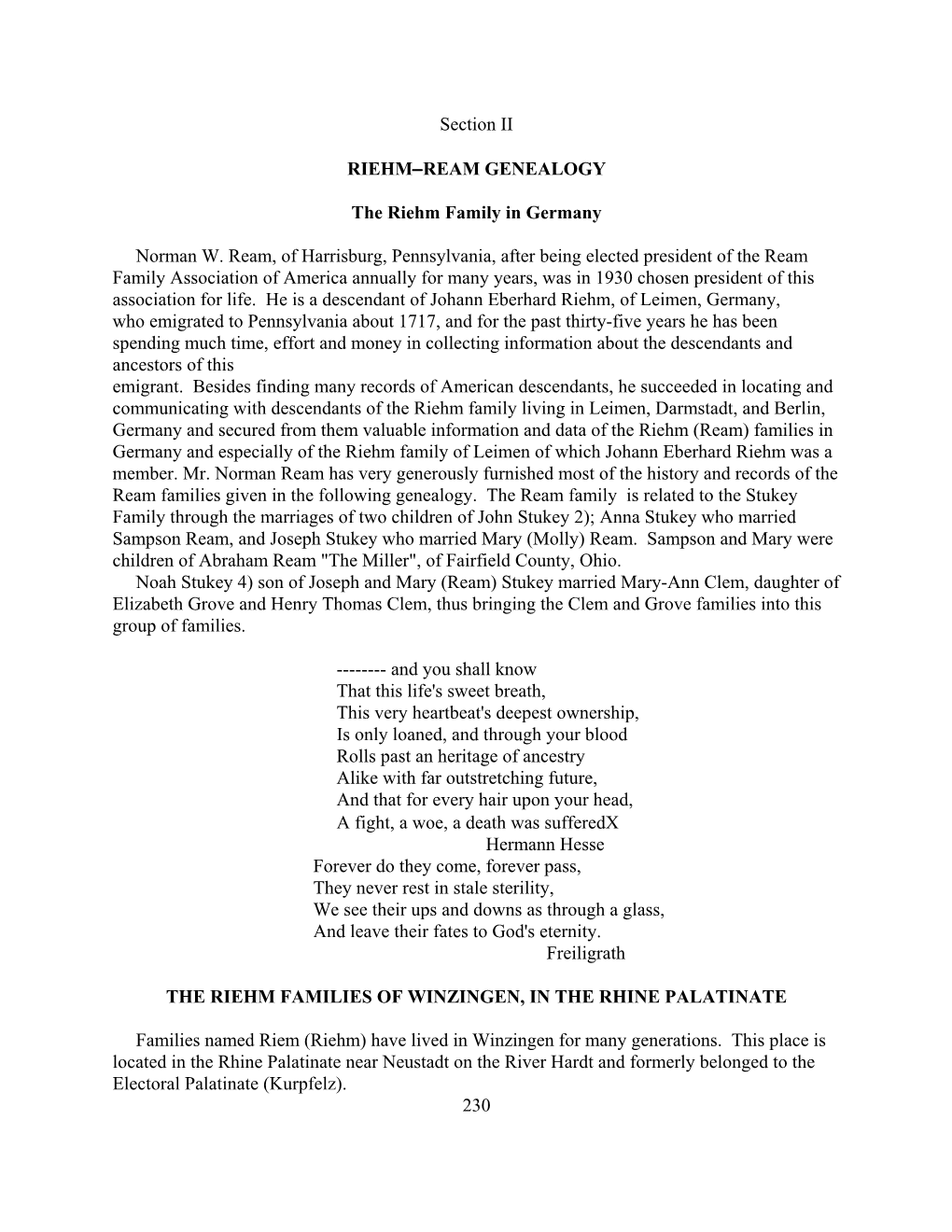 Section II RIEHM−REAM GENEALOGY the Riehm Family in Germany Norman W. Ream, of Harrisburg, Pennsylvania, After Being Elected P