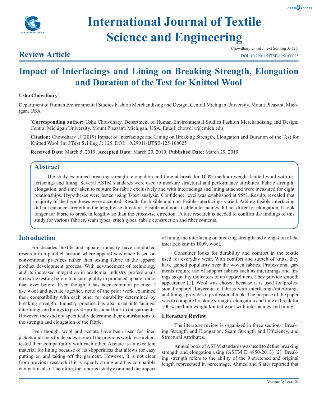 International Journal of Textile Science and Engineering Chowdhary U