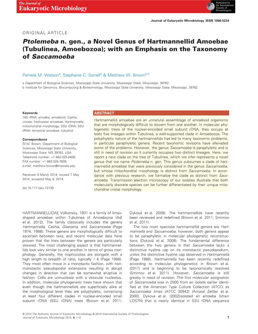 Ptolemeba N. Gen., a Novel Genus of Hartmannellid Amoebae (Tubulinea, Amoebozoa); with an Emphasis on the Taxonomy of Saccamoeba