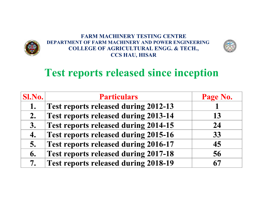 Test Reports Released Since Inception