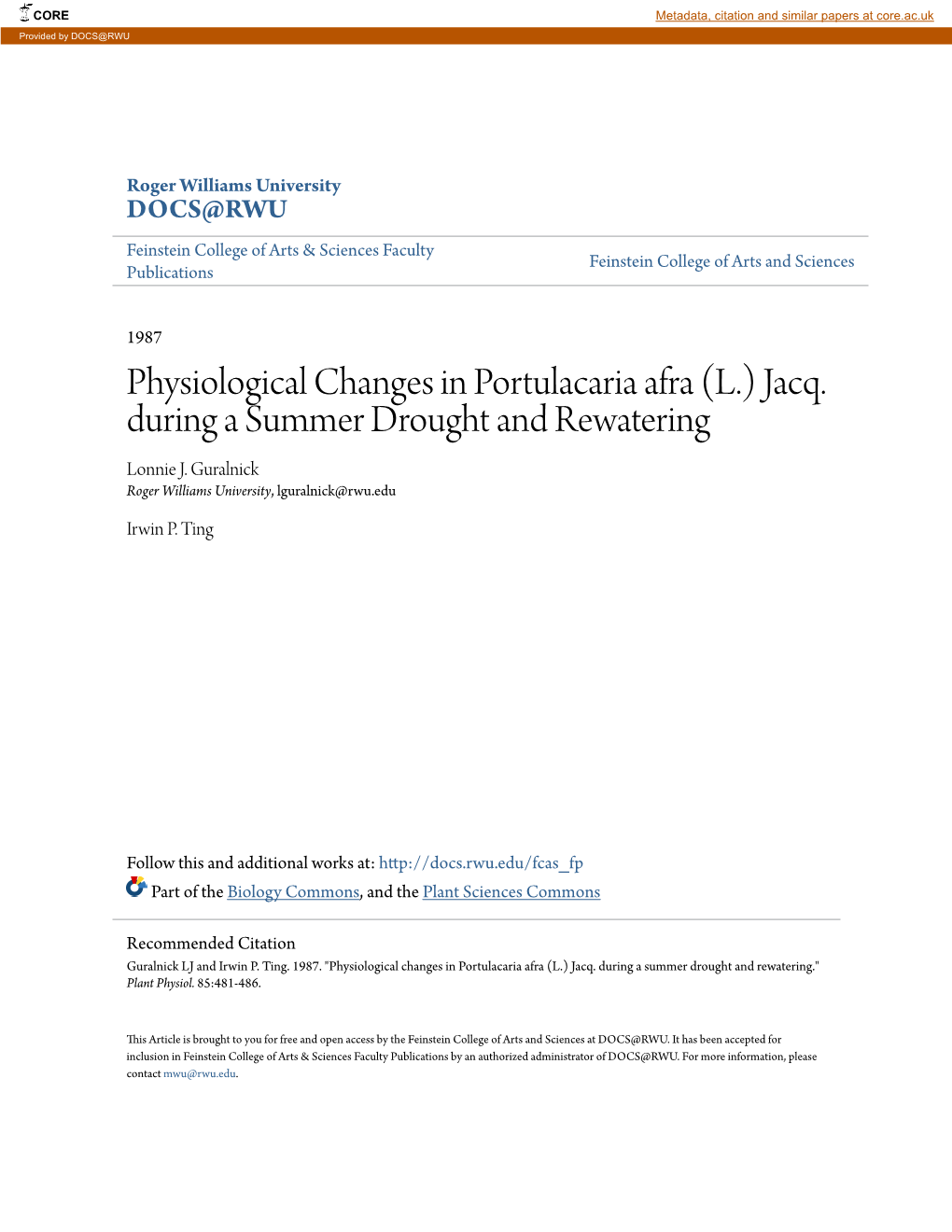 Physiological Changes in Portulacaria Afra (L.) Jacq