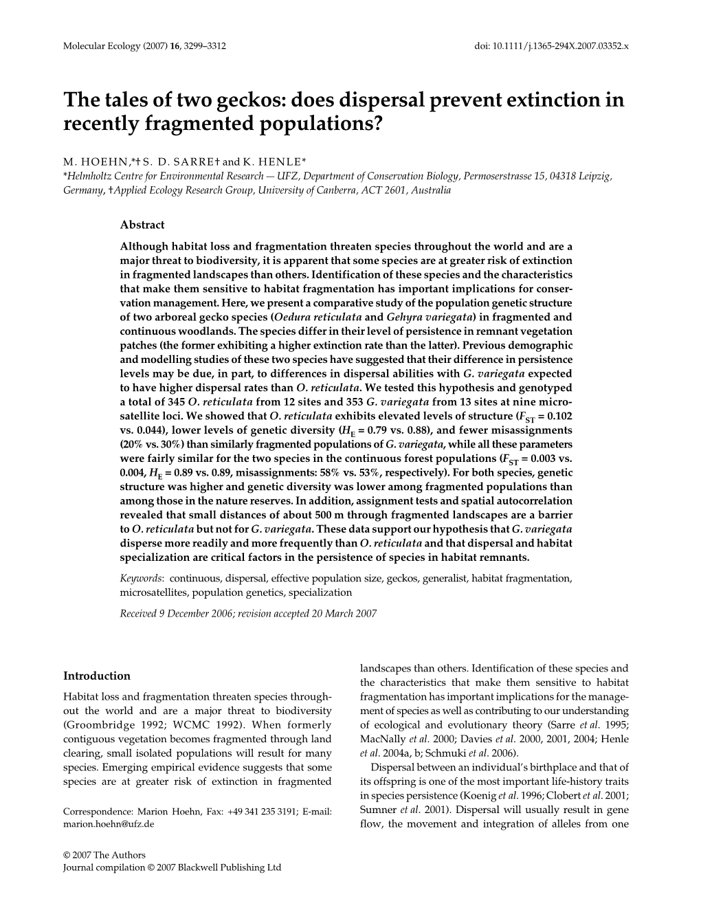 The Tales of Two Geckos: Does Dispersal Prevent Extinction In