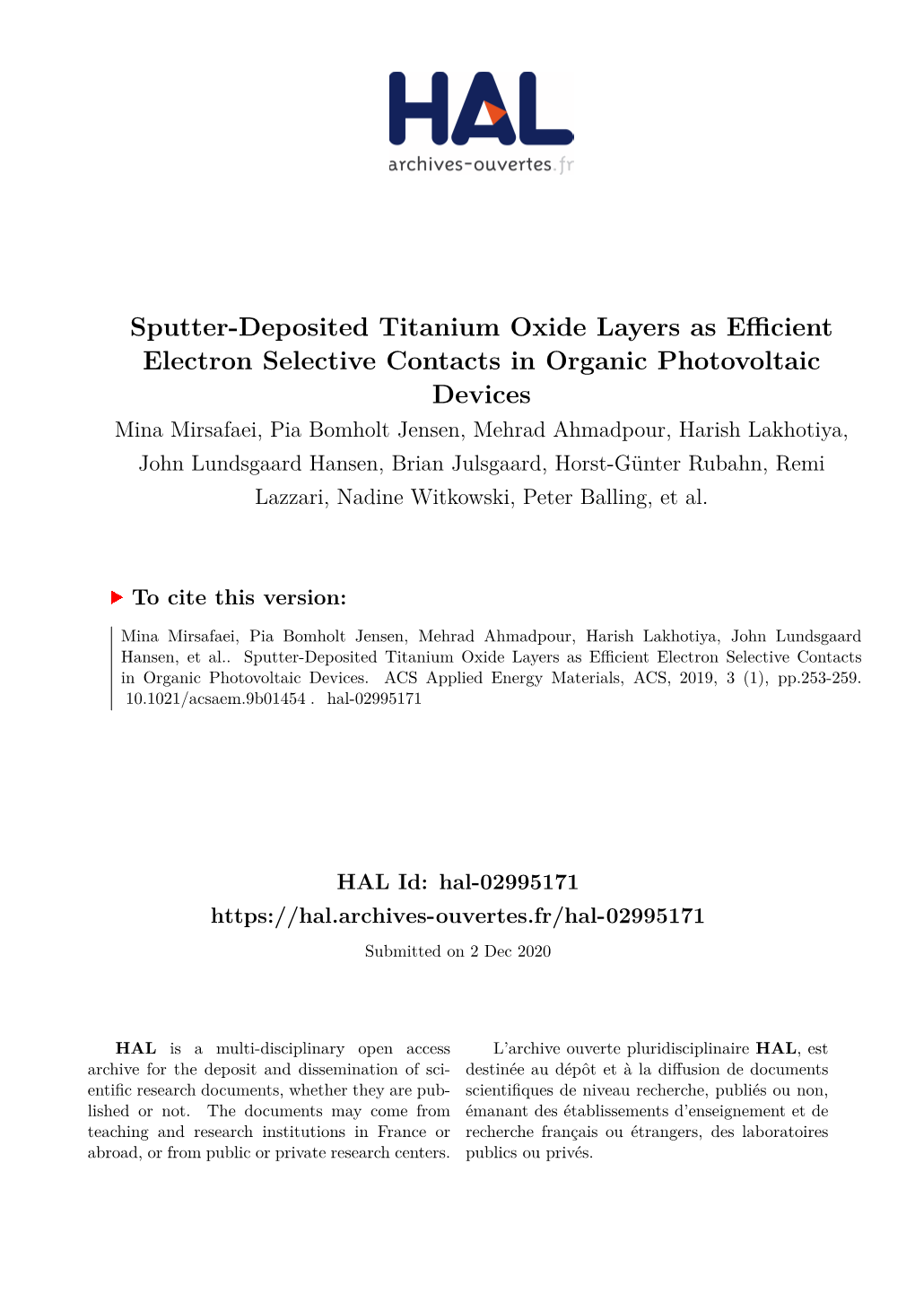 Sputter-Deposited Titanium Oxide Layers As Efficient Electron Selective Contacts in Organic Photovoltaic Devices