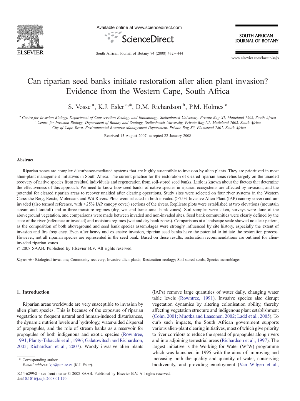 Can Riparian Seed Banks Initiate Restoration After Alien Plant Invasion? Evidence from the Western Cape, South Africa ⁎ S