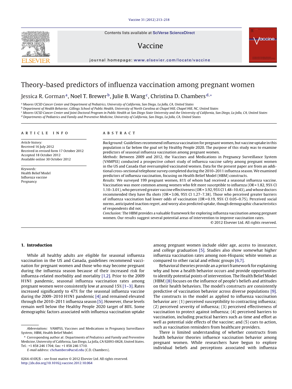 Theory-Based Predictors of Influenza Vaccination Among Pregnant Women