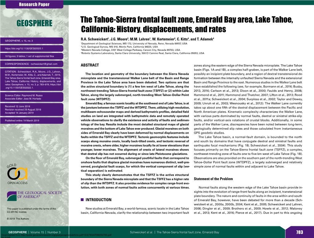 The Tahoe-Sierra Frontal Fault Zone, Emerald Bay Area, Lake Tahoe, California: History, Displacements, and Rates