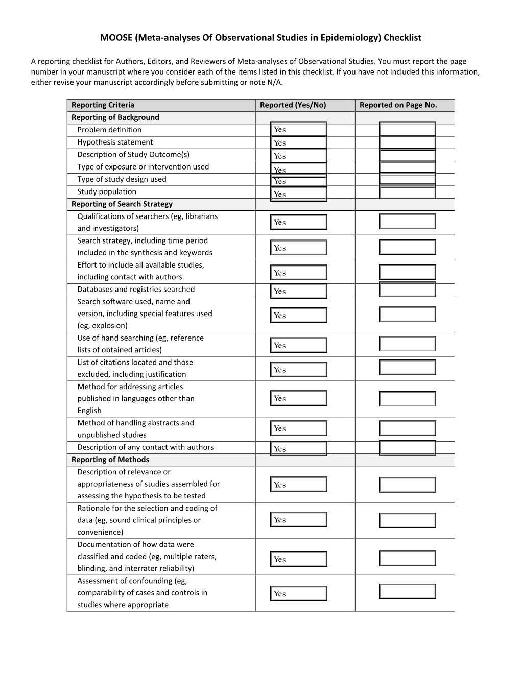 (Meta-Analyses of Observational Studies in Epidemiology) Checklist