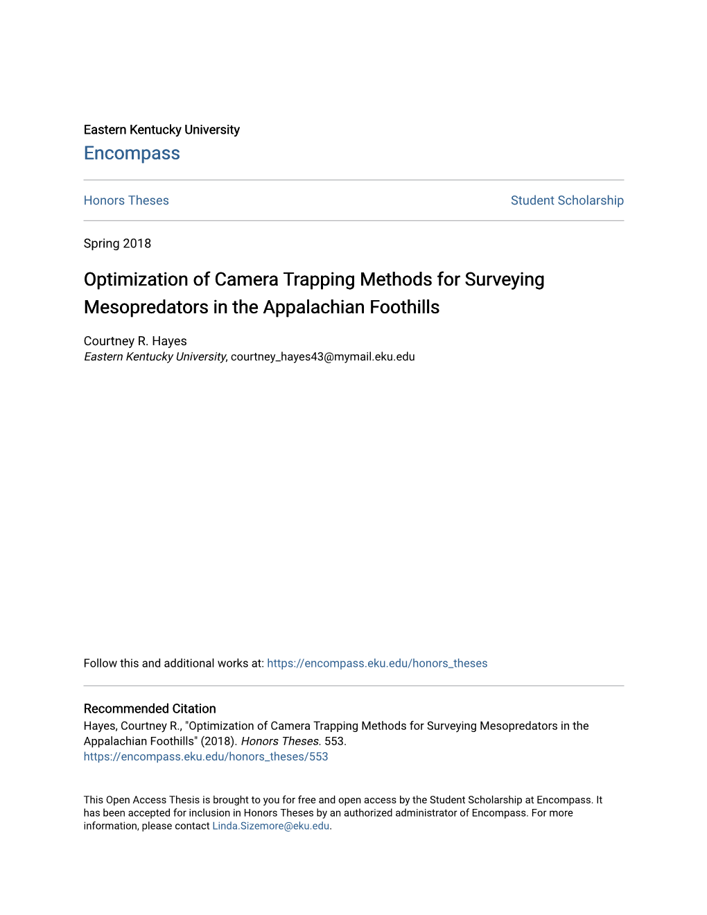 Optimization of Camera Trapping Methods for Surveying Mesopredators in the Appalachian Foothills