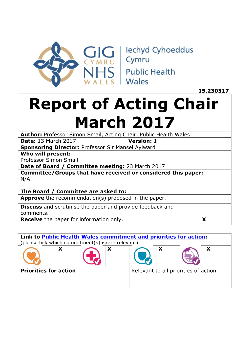 Report of Acting Chair March 2017