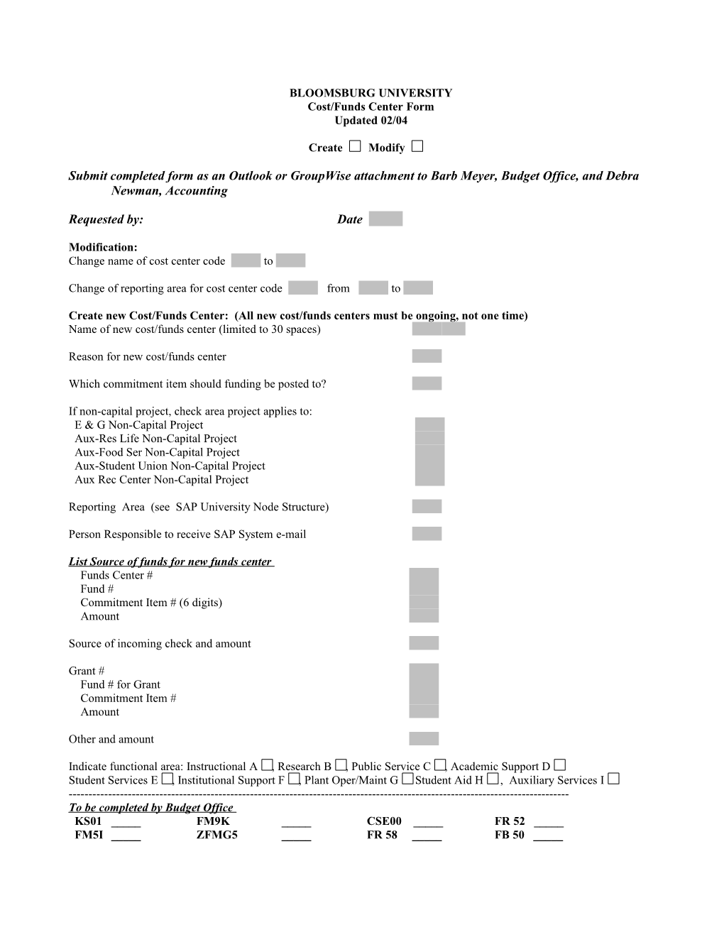 Cost/Funds Center Form