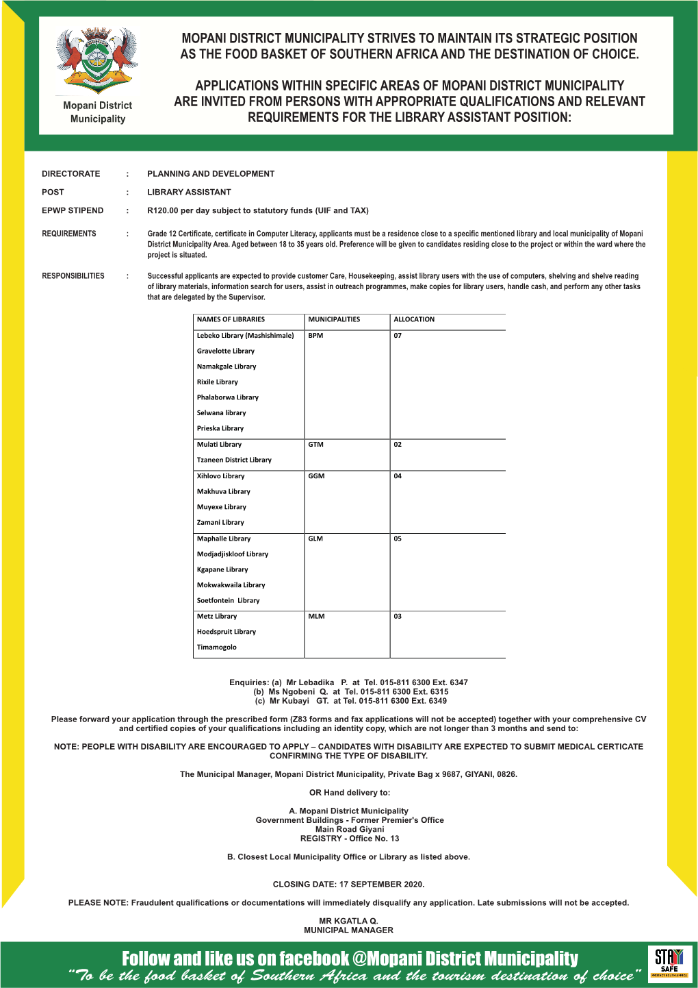 EPWP Advert Library Assistance