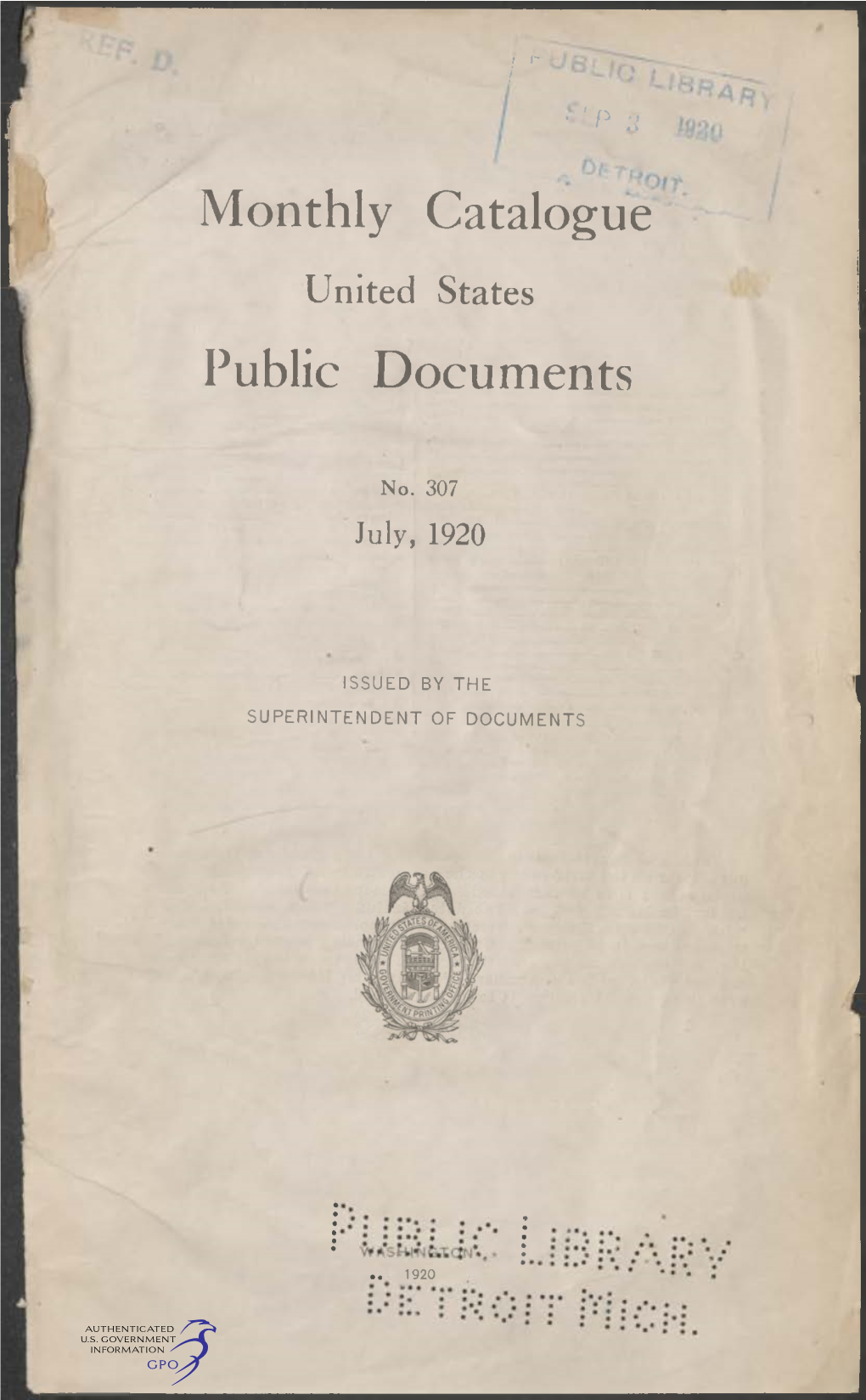 Monthly Catalogue, United States Public Documents, July 1920