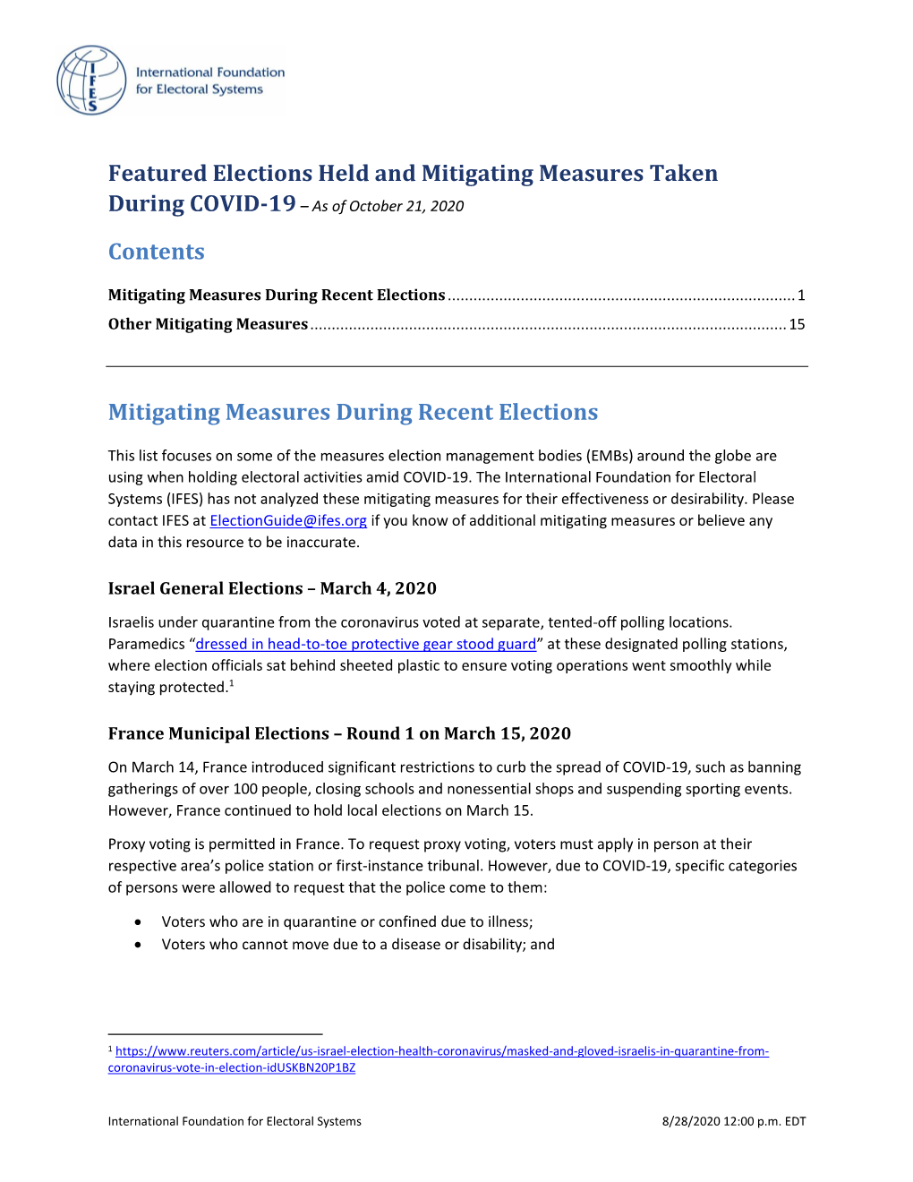 Elections Held and Mitigating Measures Taken During COVID-19 – As of October 21, 2020