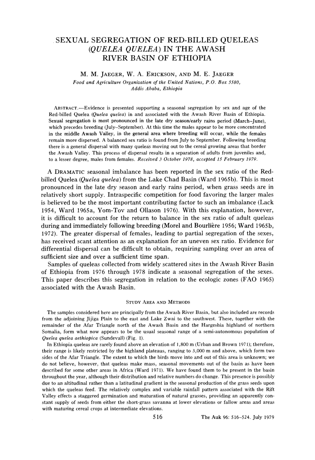 Sexual Segregation of Red-Billed Queleas (Quelea Quelea) in the Awash River Basin of Ethiopia