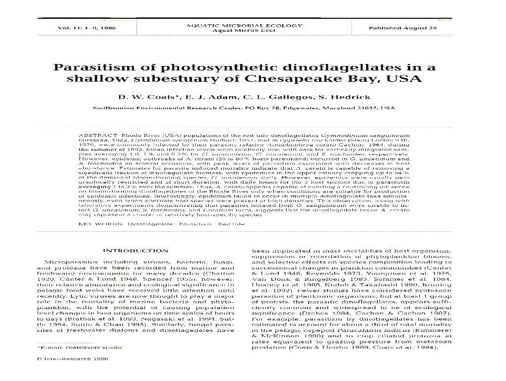 Parasitism of Photosynthetic Dinoflagellates in a Shallow Subestuary of Chesapeake Bay, USA