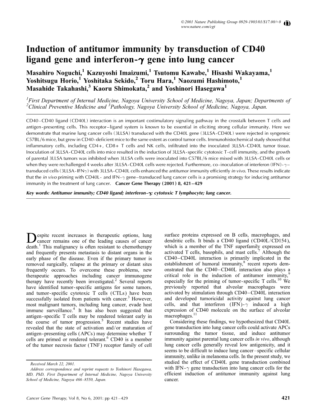 Induction of Antitumor Immunity by Transduction of CD40 Ligand Gene