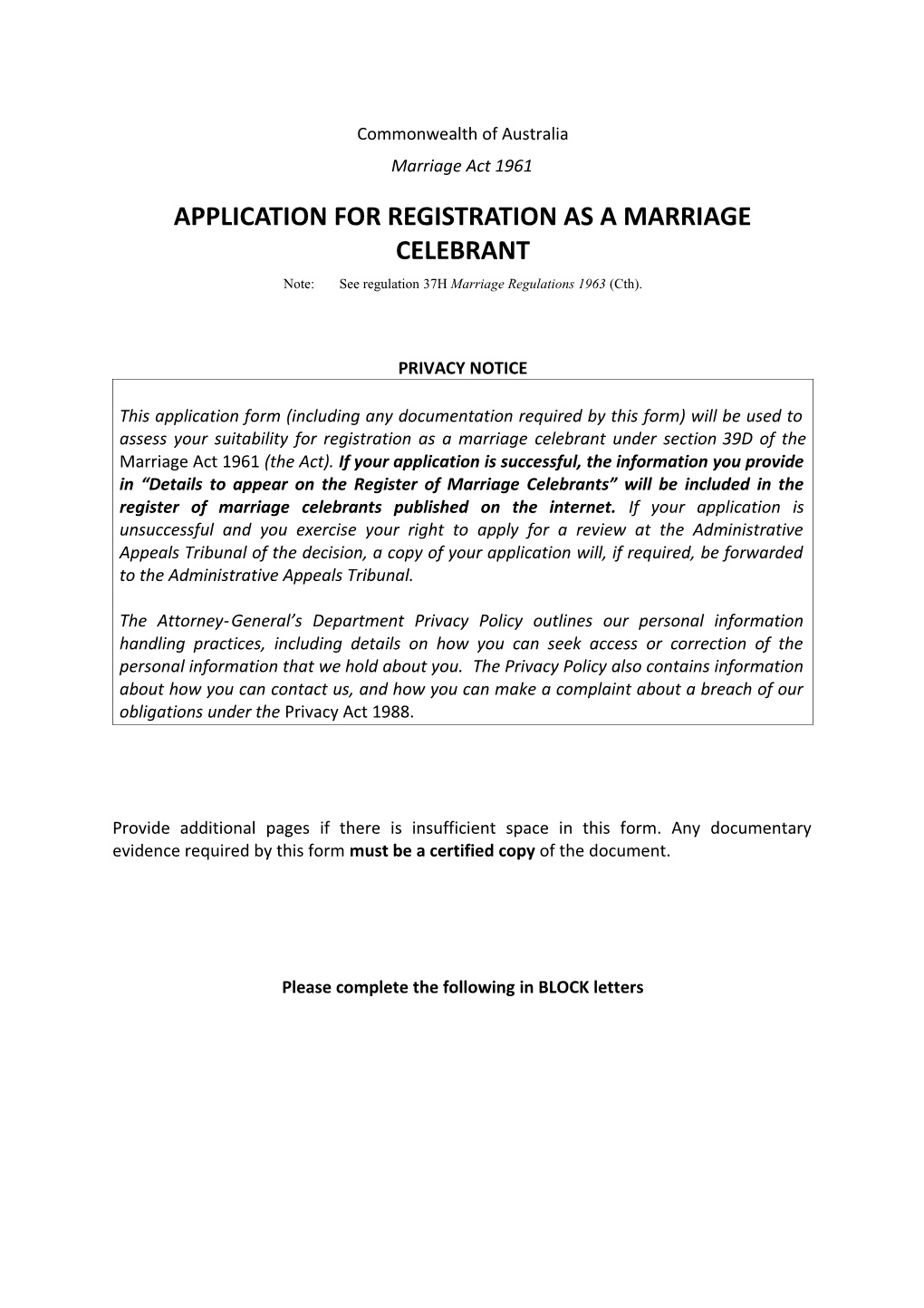 Application for Registration As a Marriage Celebrant