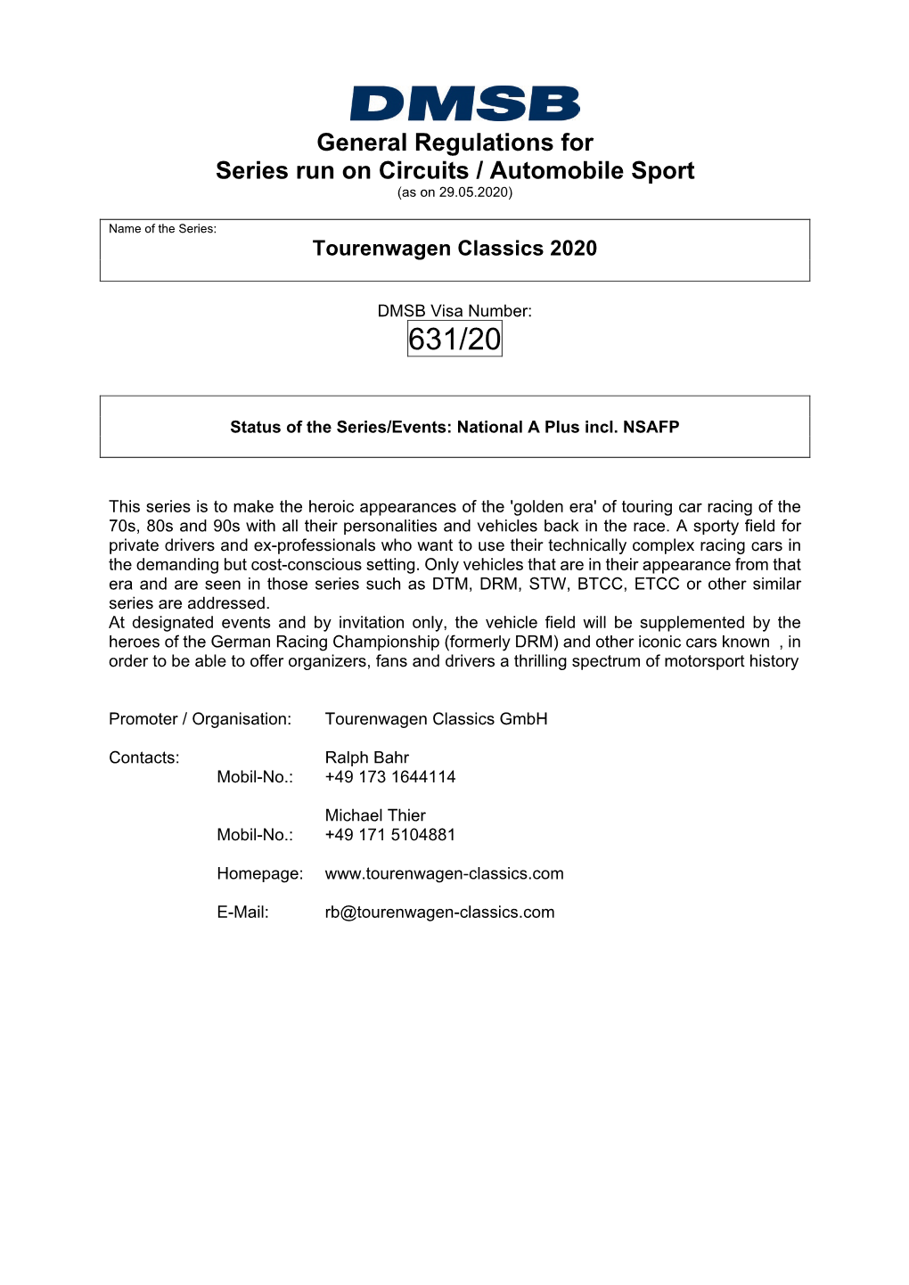 General Regulations for Series Run on Circuits / Automobile Sport (As on 29.05.2020)