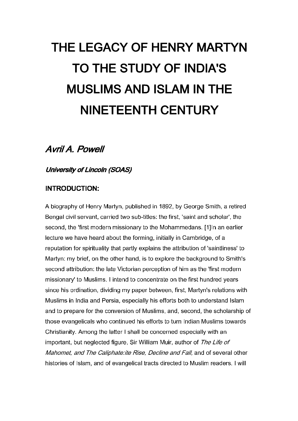 The Legacy of Henry Martyn to the Study of India's Muslims and Islam in the Nineteenth Century