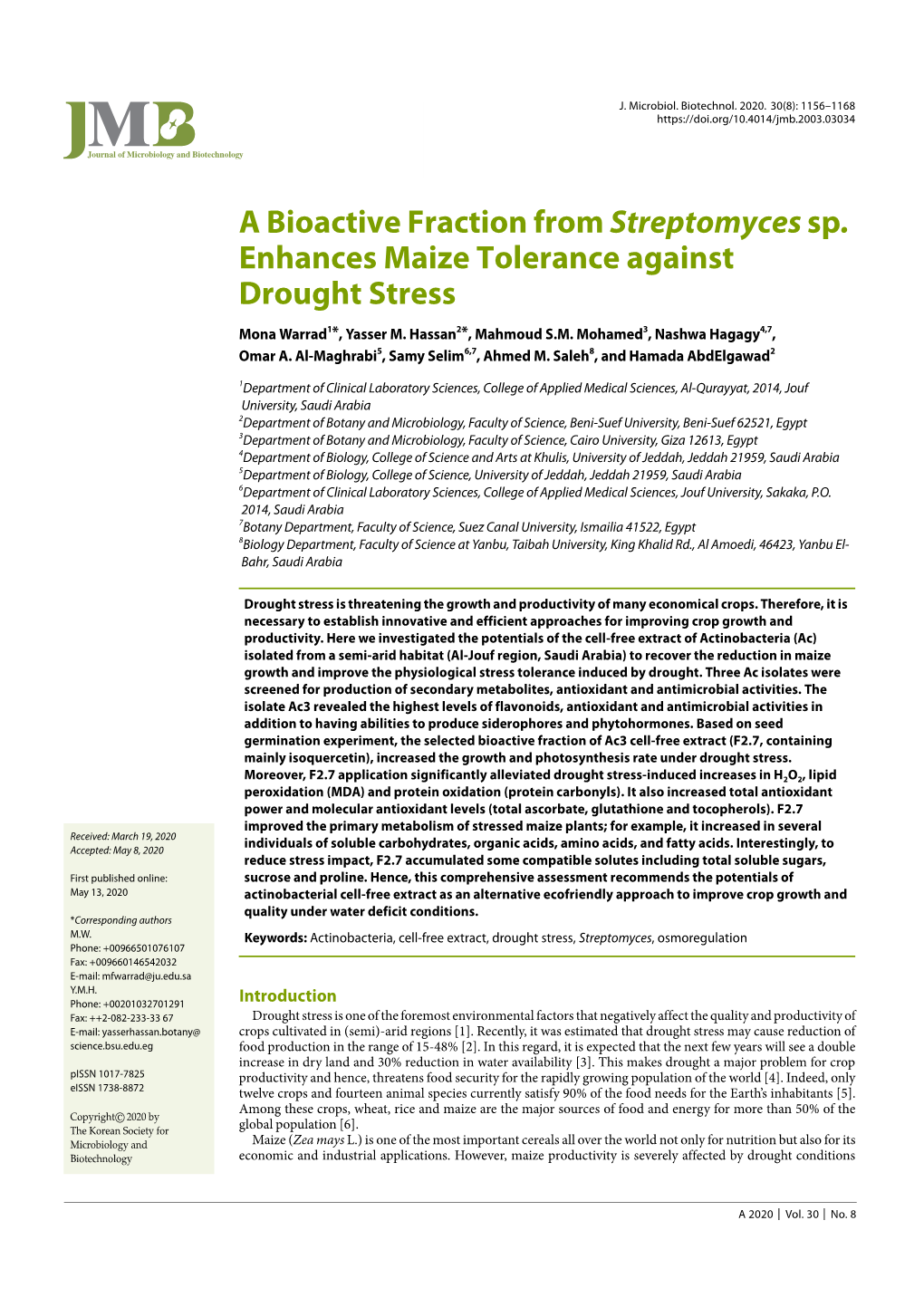 A Bioactive Fraction from Streptomyces Sp. Enhances Maize Tolerance Against Drought Stress