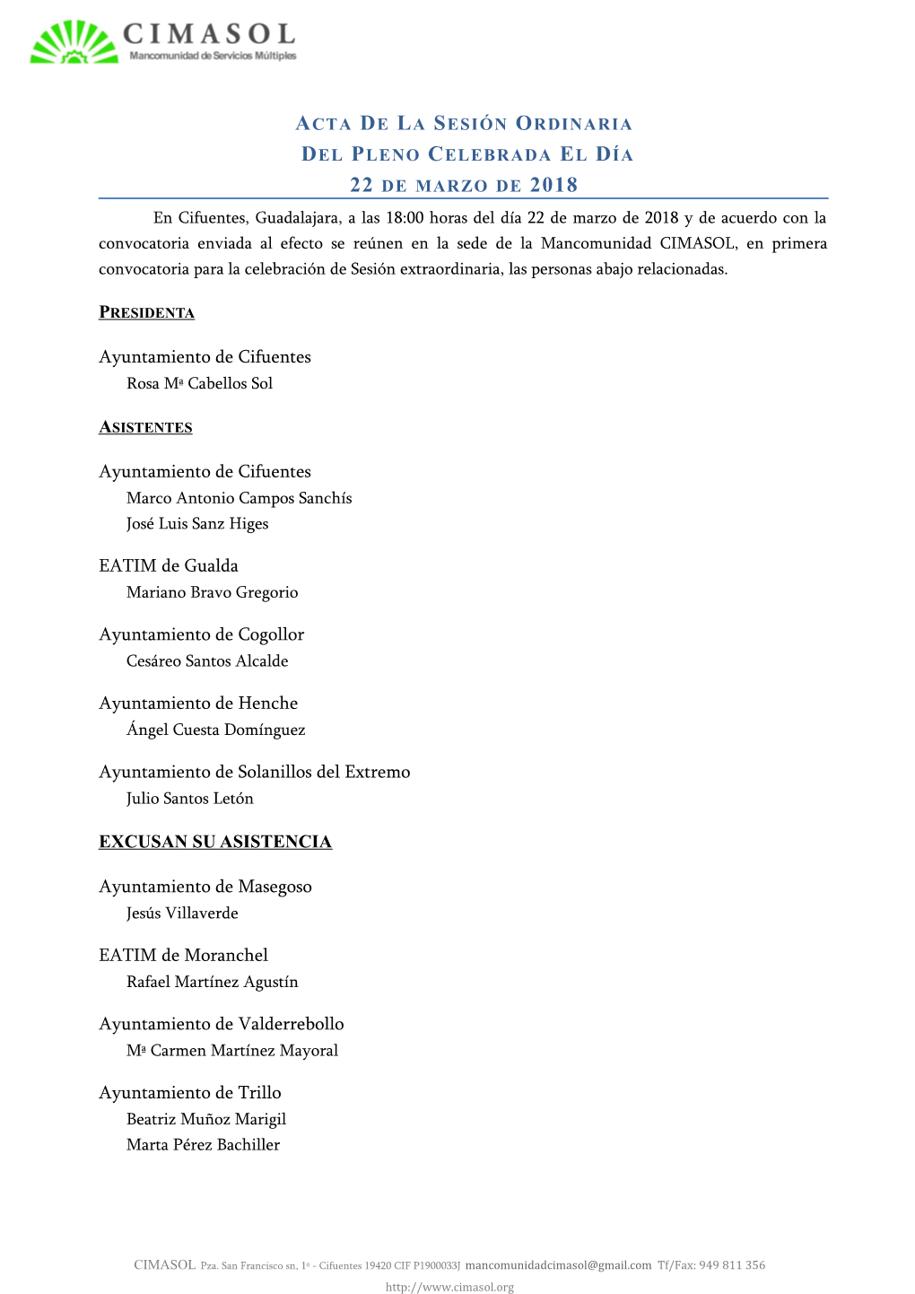 Ayuntamiento De Cifuentes Ayuntamiento De Cifuentes EATIM De Gualda Ayuntamiento De Cogollor Ayuntamiento De Henche Ayuntamiento