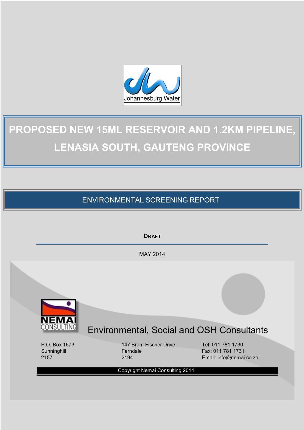 Proposed New 15Ml Reservoir and 1.2Km Pipeline, Lenasia South, Gauteng Province Draft