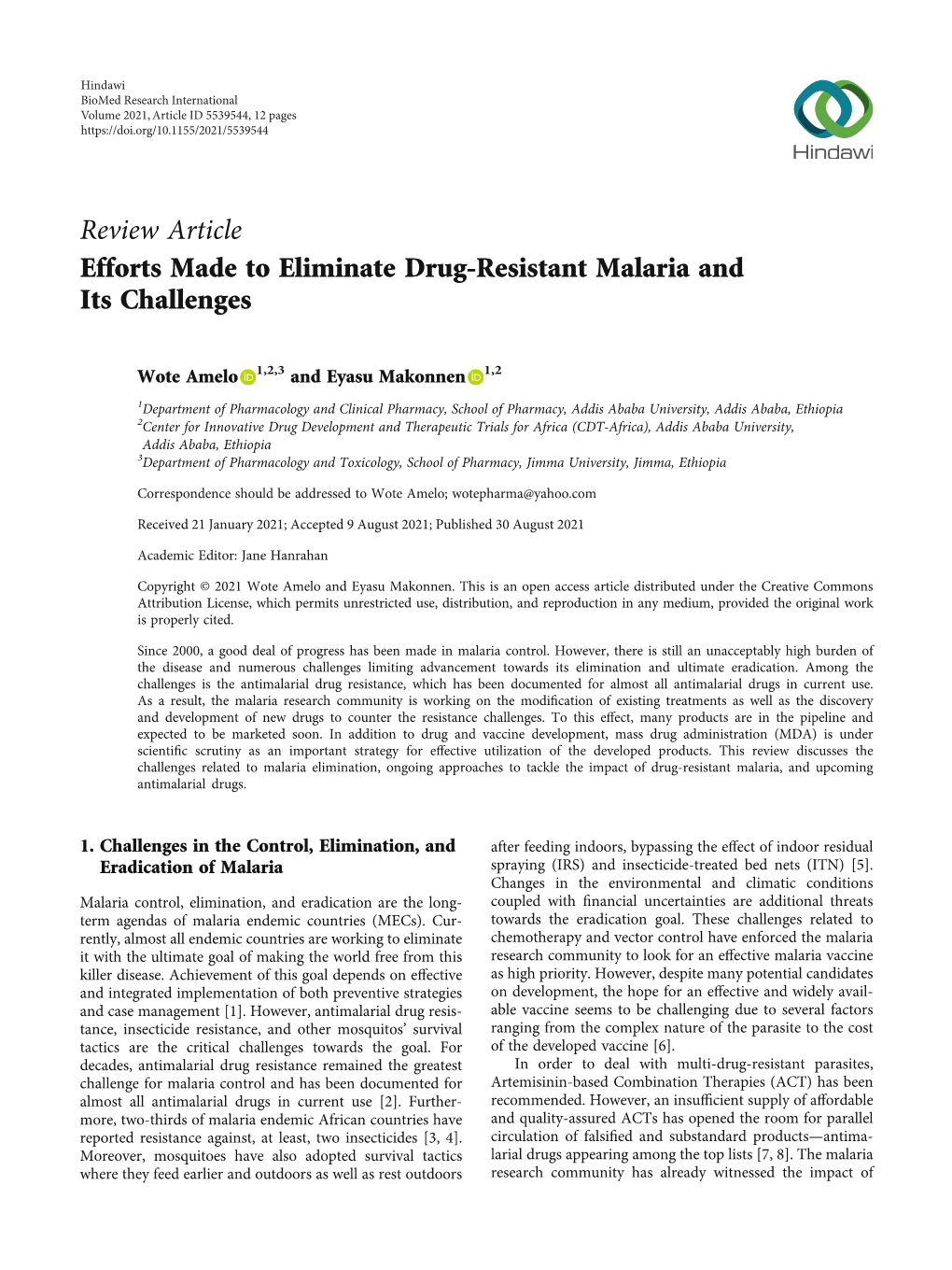 Review Article Efforts Made to Eliminate Drug-Resistant Malaria and Its Challenges