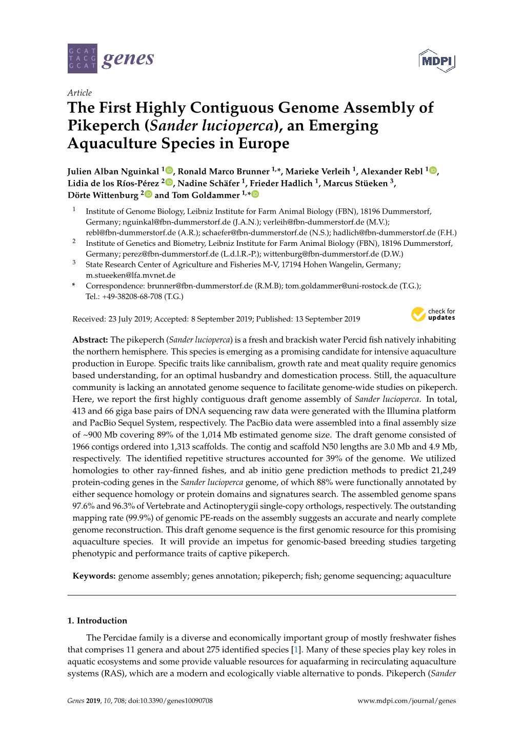 The First Highly Contiguous Genome Assembly of Pikeperch (Sander Lucioperca), an Emerging Aquaculture Species in Europe