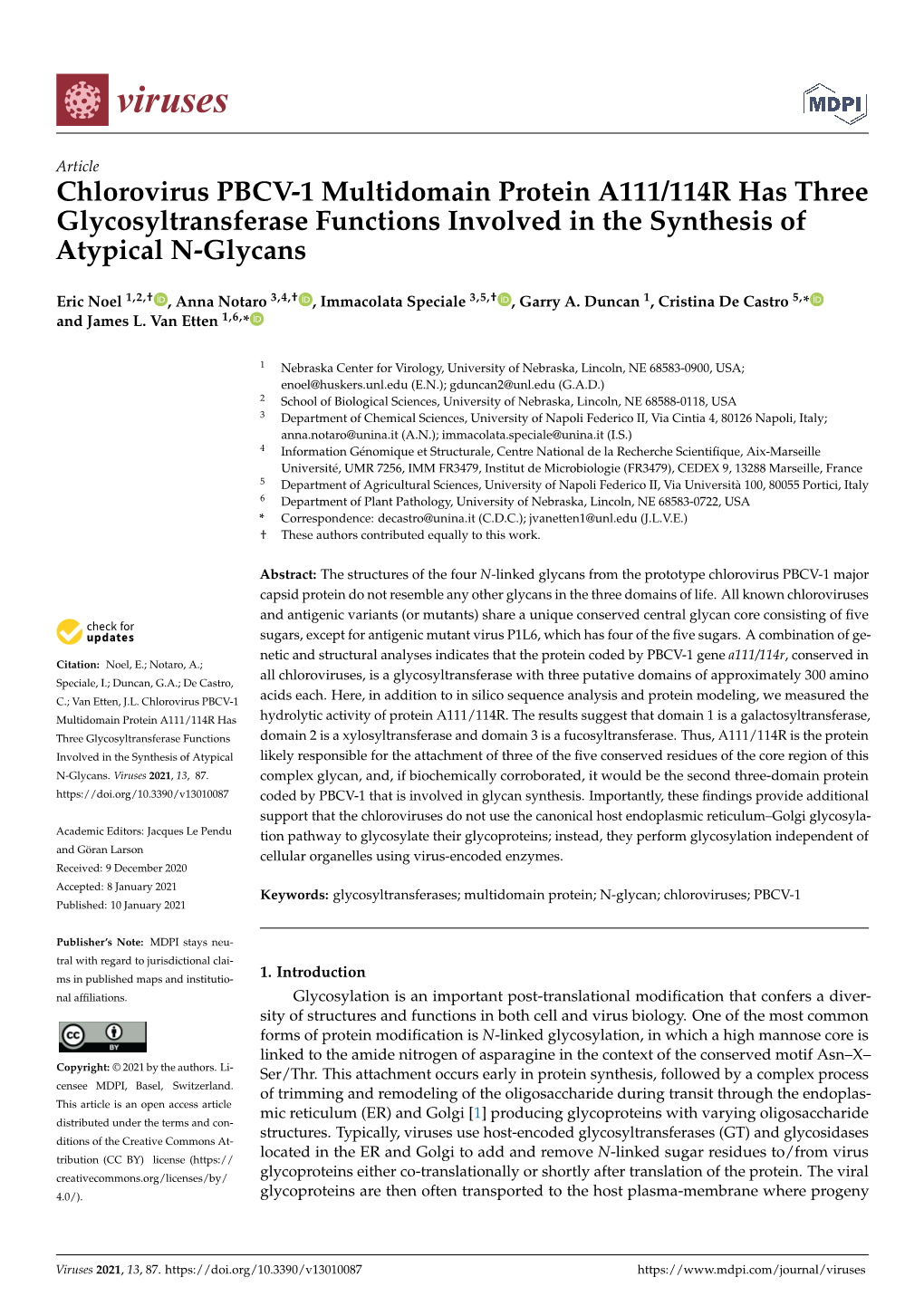 Chlorovirus PBCV-1 Multidomain Protein A111/114R Has Three Glycosyltransferase Functions Involved in the Synthesis of Atypical N-Glycans