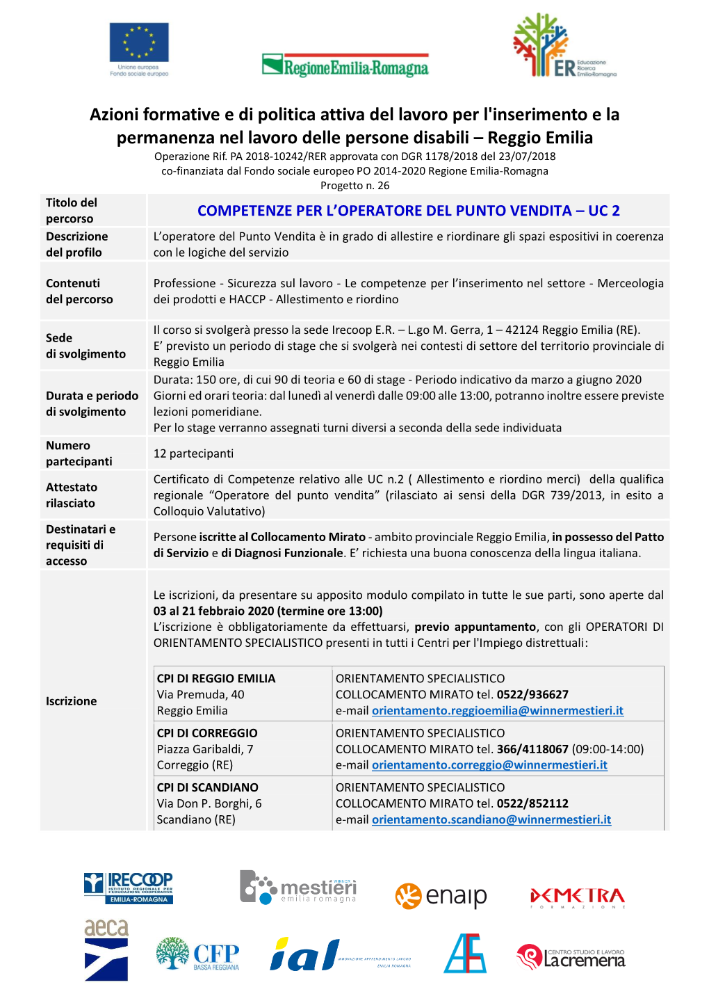 Azioni Formative E Di Politica Attiva Del Lavoro Per L'inserimento E La Permanenza Nel Lavoro Delle Persone Disabili – Reggio Emilia Operazione Rif