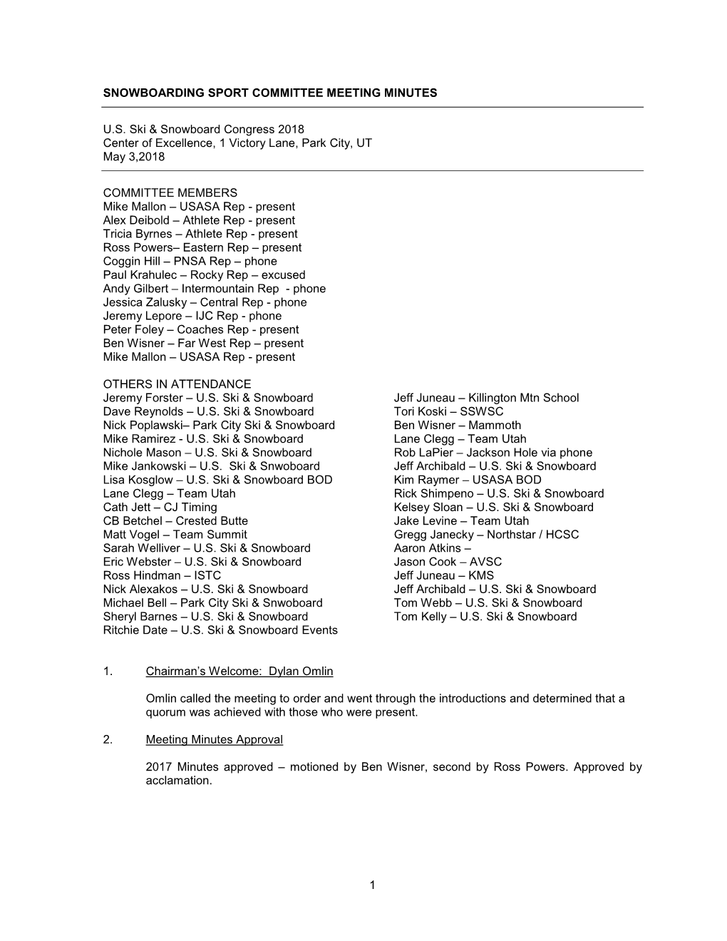 1 SNOWBOARDING SPORT COMMITTEE MEETING MINUTES U.S. Ski & Snowboard Congress 2018 Center of Excellence, 1 Victory Lane, Park