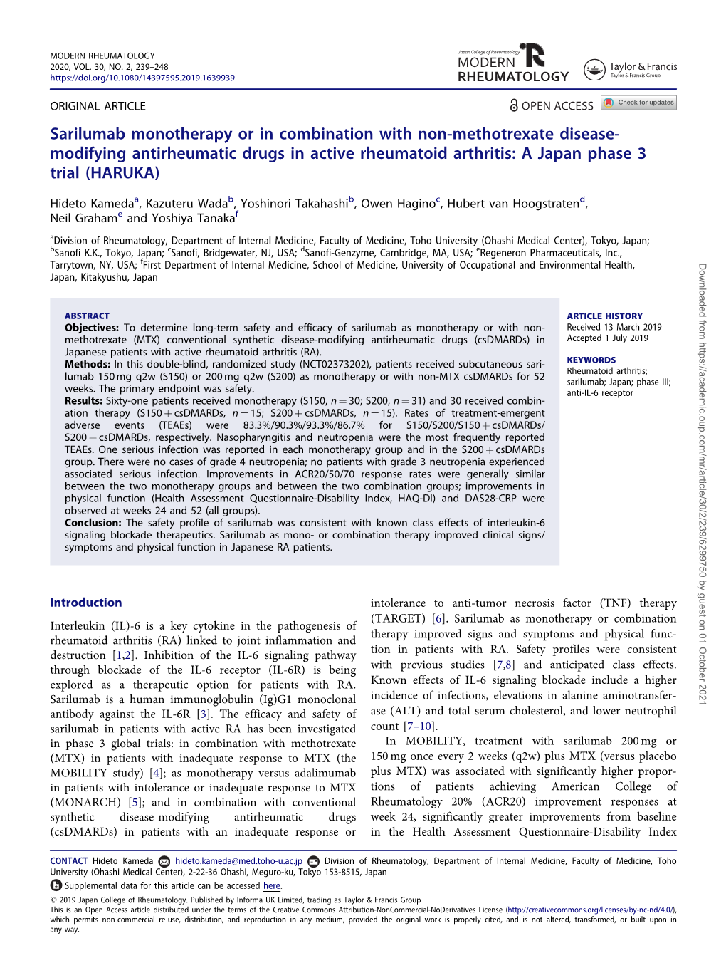 Modifying Antirheumatic Drugs in Active Rheumatoid Arthritis: a Japan Phase 3 Trial (HARUKA)