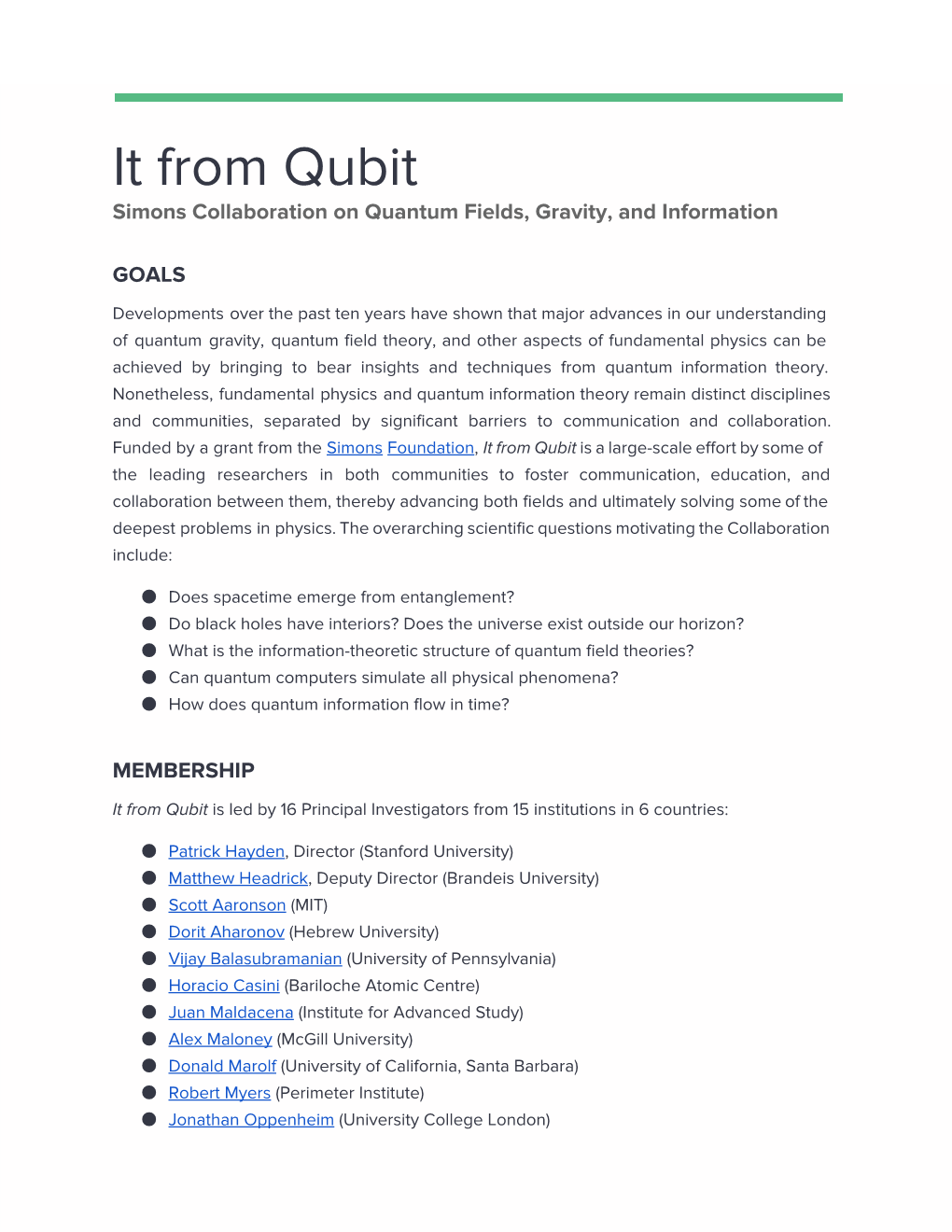 It from Qubit Simons Collaboration on Quantum Fields, Gravity, and Information